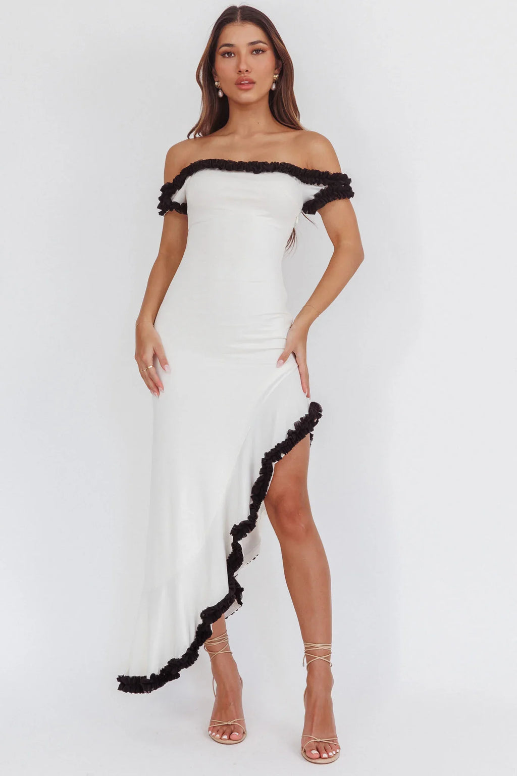 Shake It Off Asymmetric Off-Shoulder Dress Cream