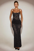 Sheer Lace Square-Neck Ruched Gown in Black