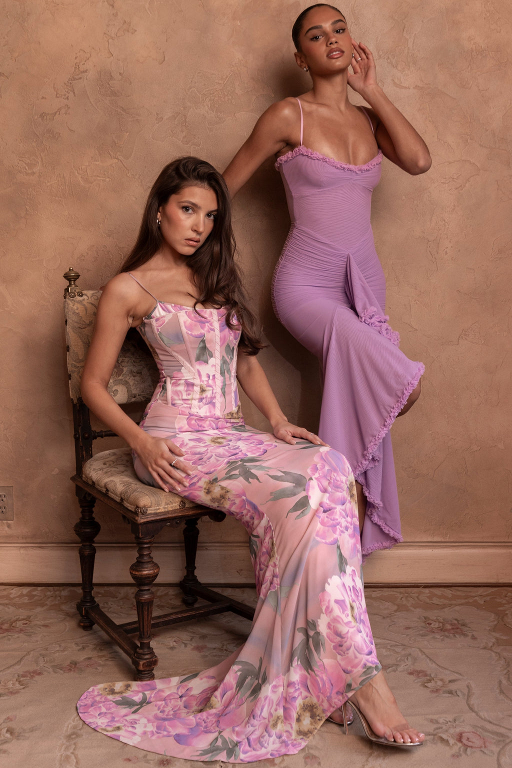 orchid mesh ruffled front gown