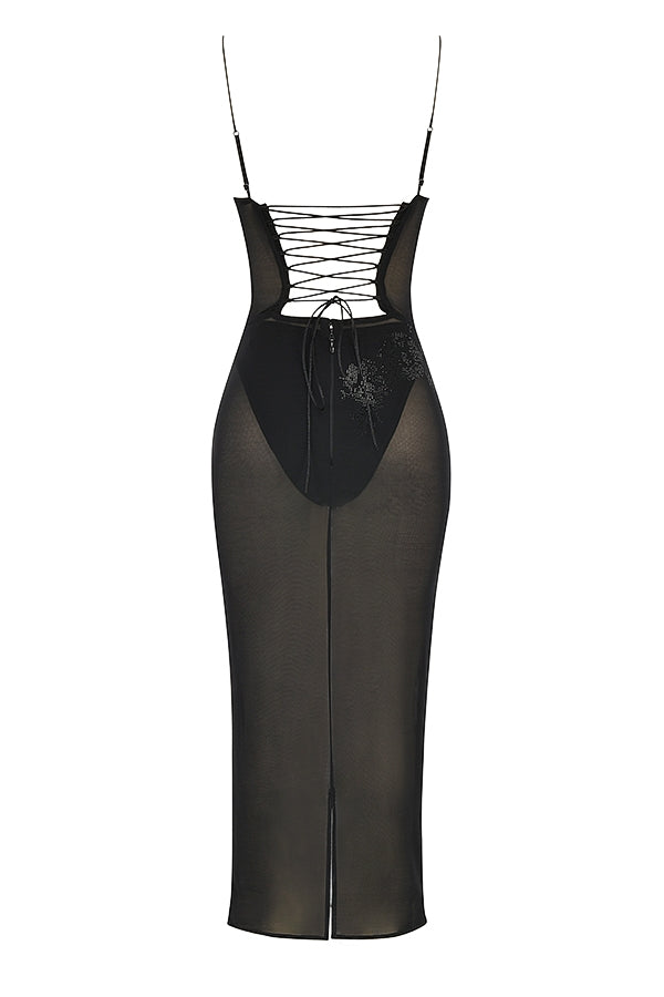black mesh crystal embellished midi dress