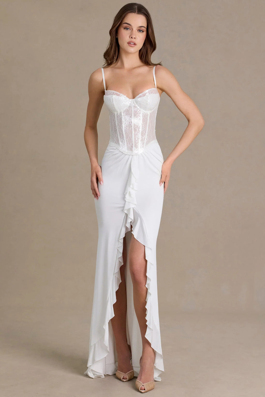Embellished Lace Corset Gown in White