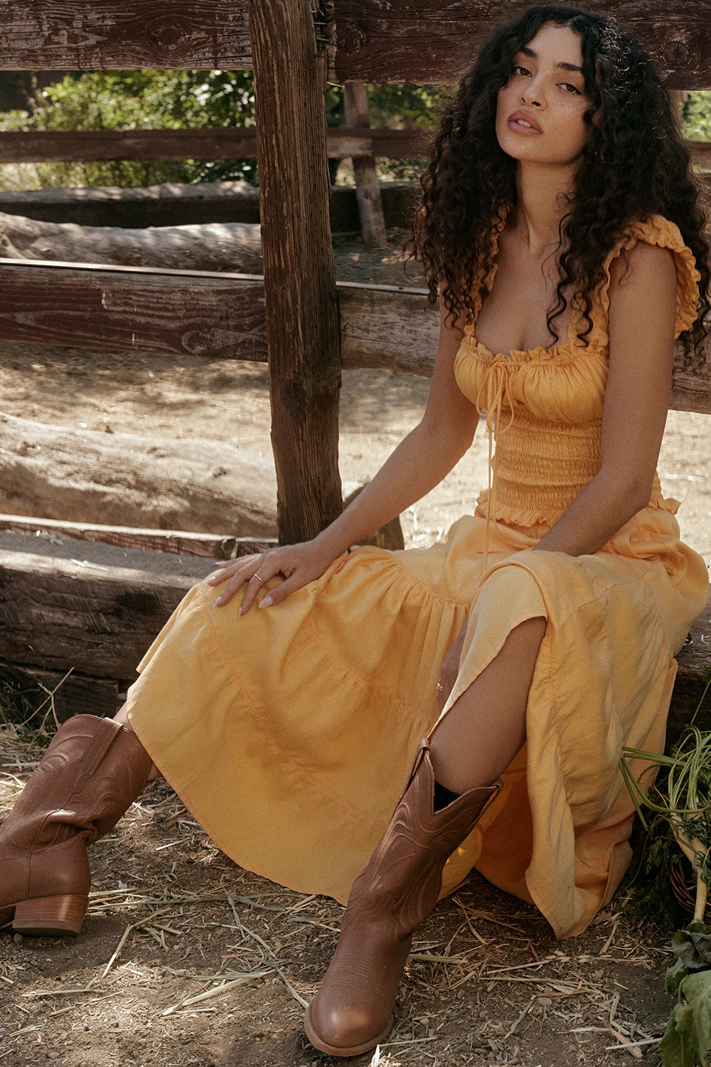 tangerine shirred sundress