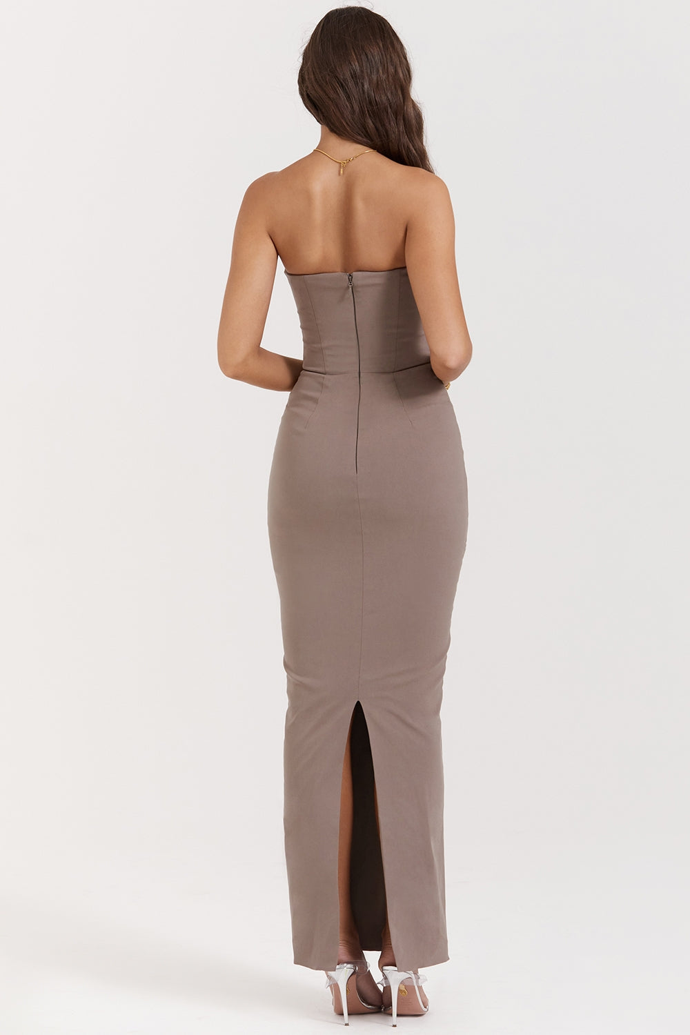 taupe strapless corset maxi dress