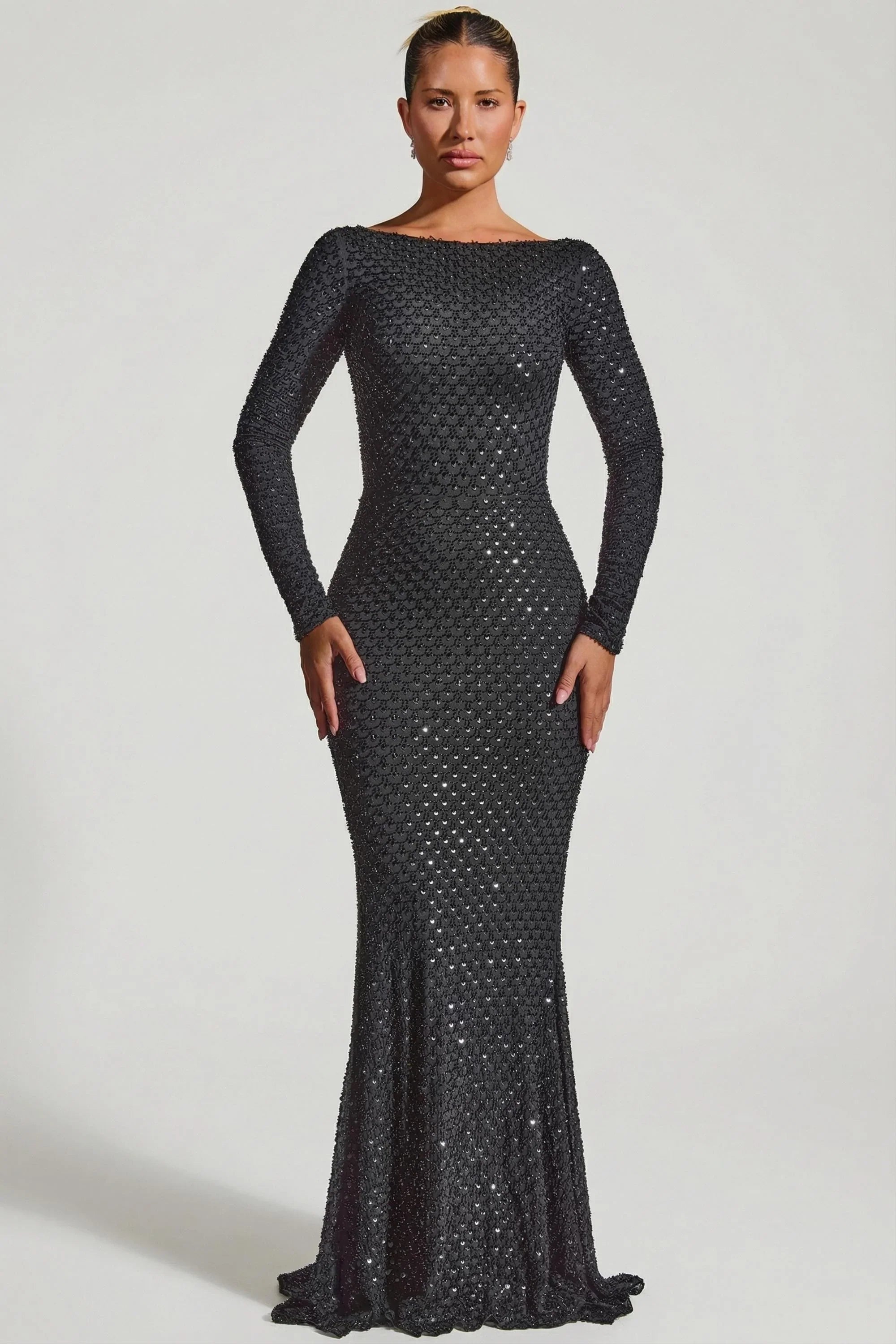 Embellished Open-Back Gown in Black