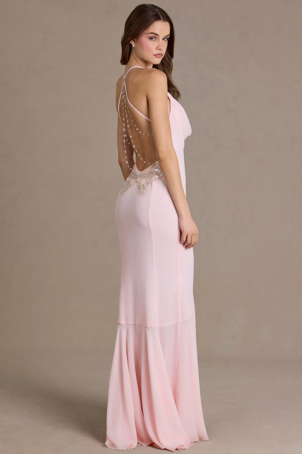 Chiffon Cowl-Neck Open-Back Gown in Baby Pink