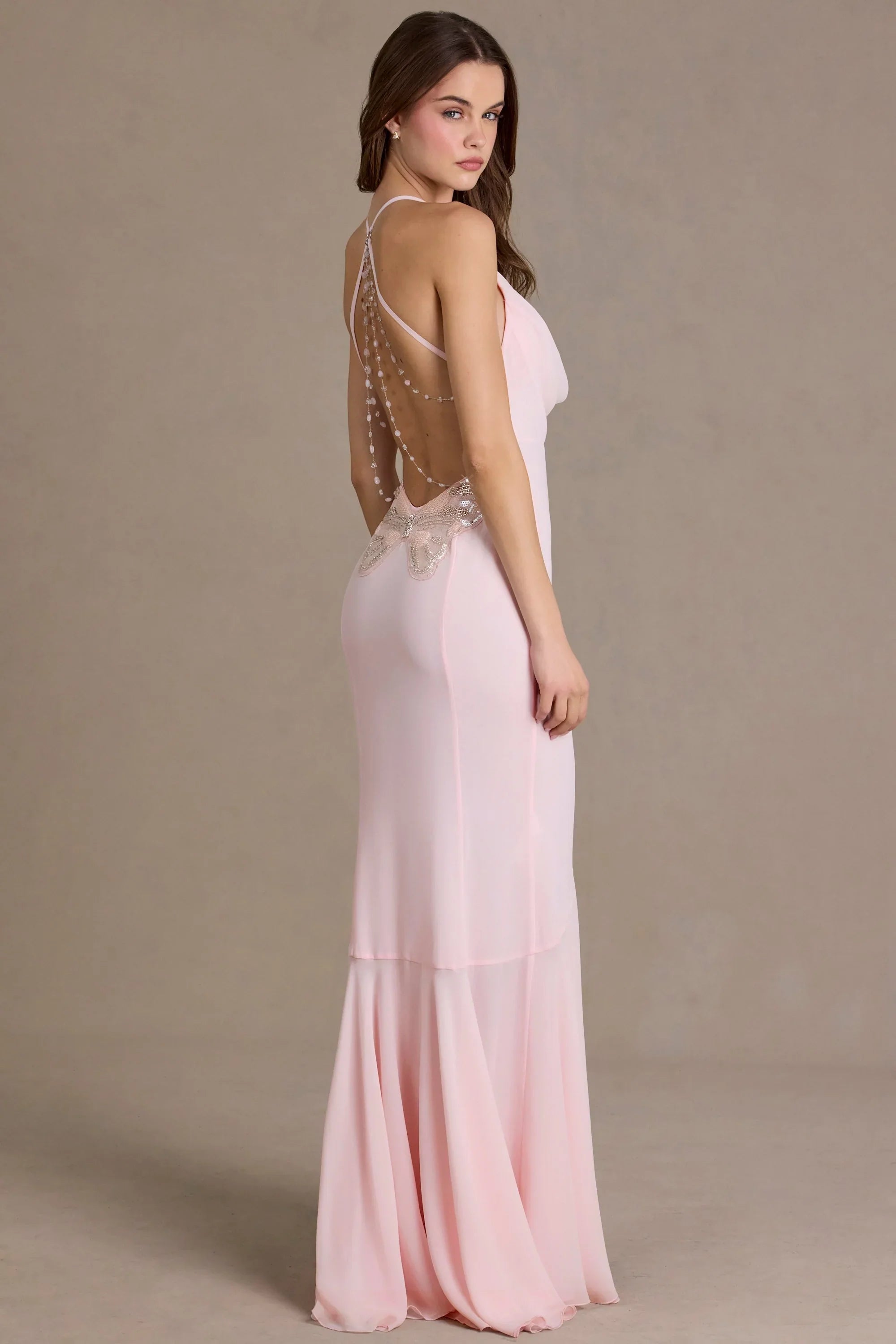 Chiffon Cowl-Neck Open-Back Gown in Baby Pink