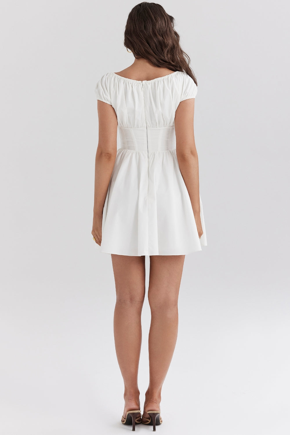white cotton gathered mini dress