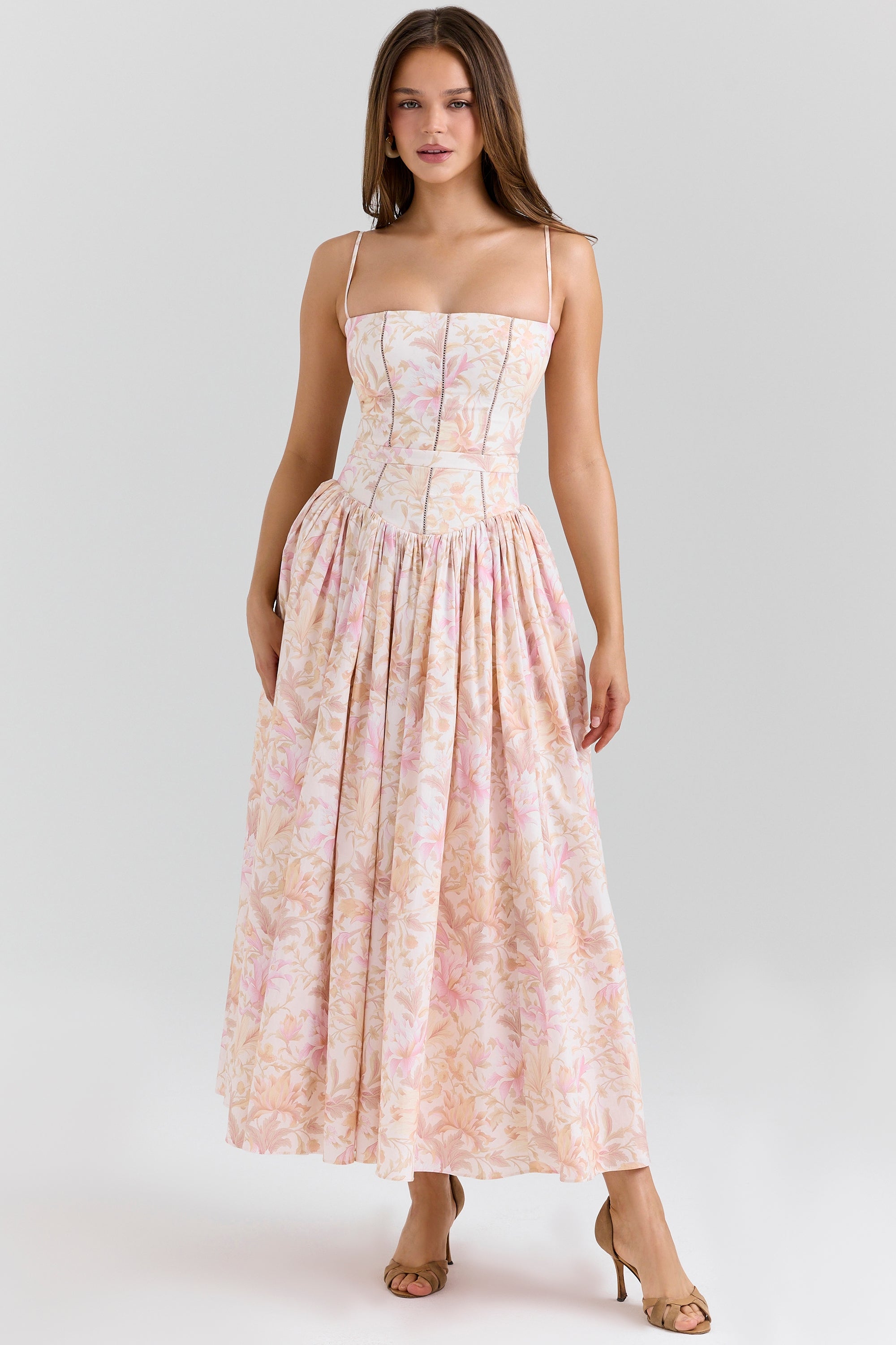 peach floral print stretch cotton midi sundress