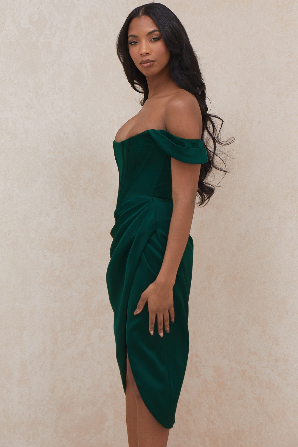 emerald green satin off shoulder dress