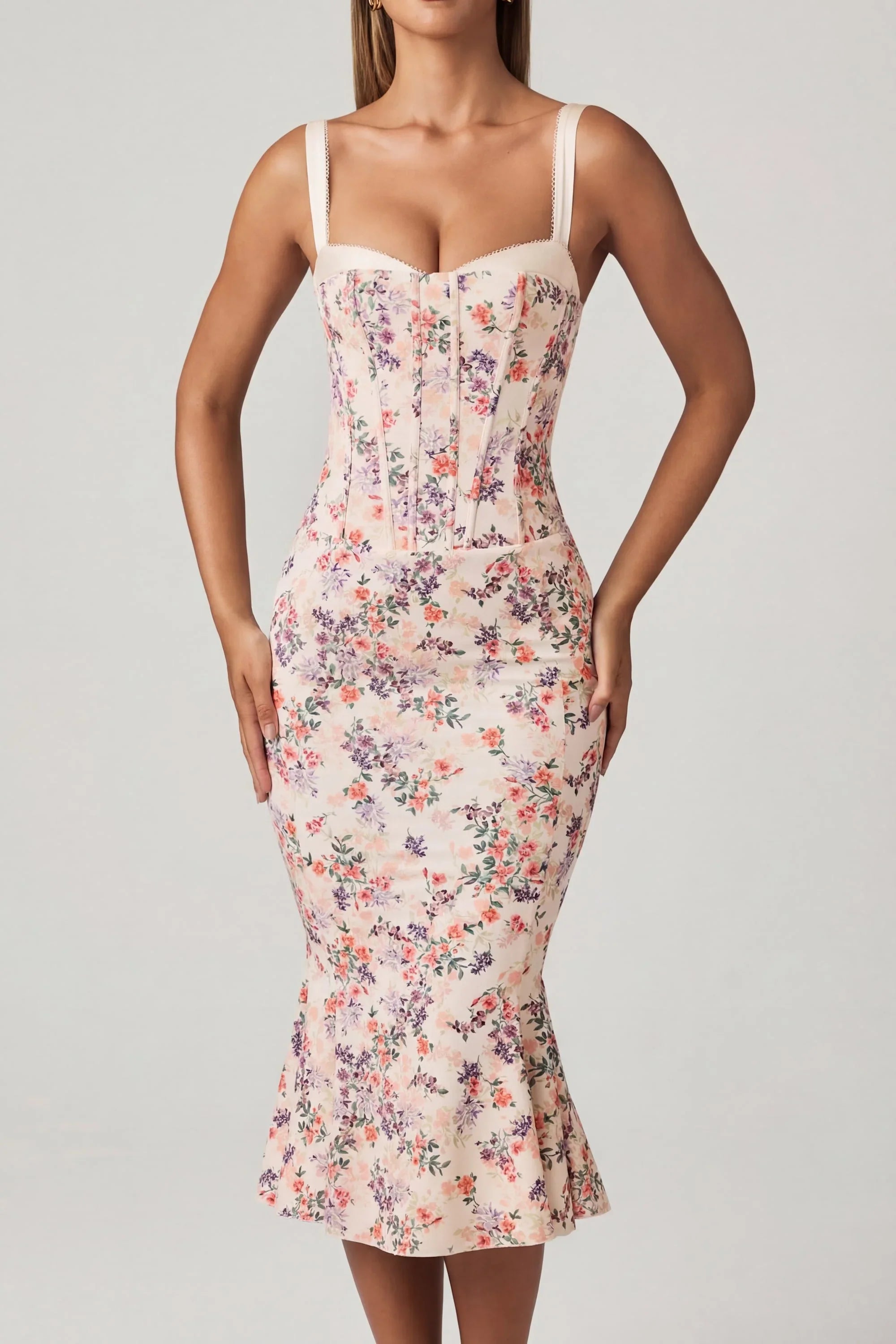 Layered Bra-Detail Fishtail Midaxi Dress in Primrose Floral Print