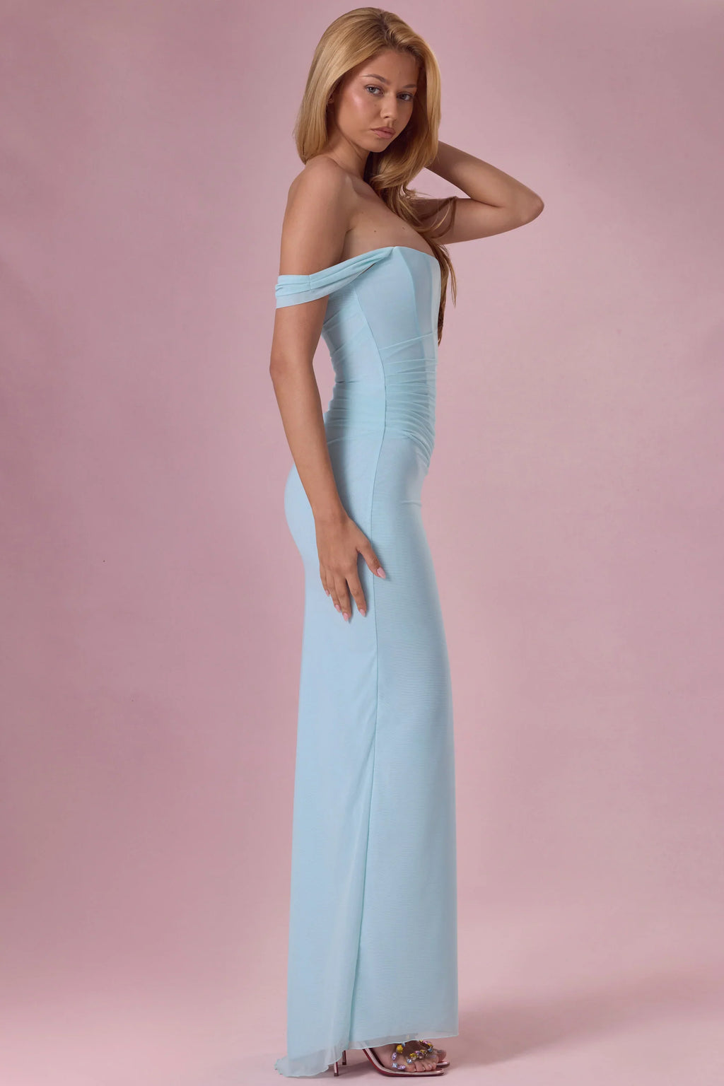 Mesh Draped Corset Gown in Light Aqua