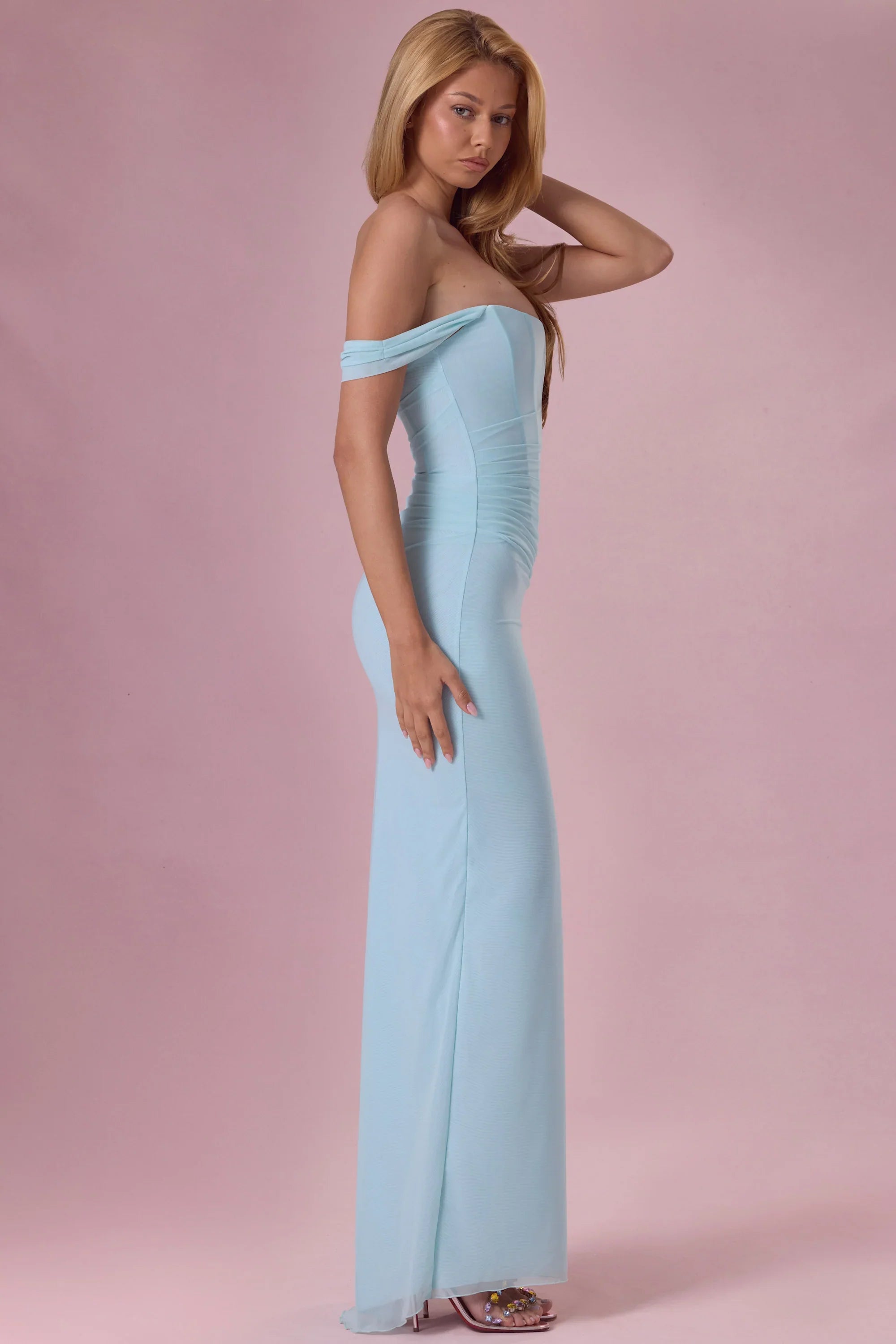 Mesh Draped Corset Gown in Light Aqua