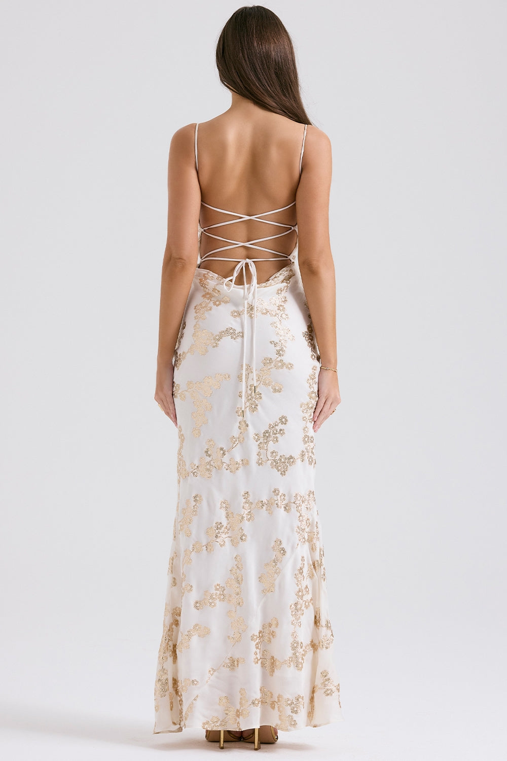 white & gold jacquard satin gown