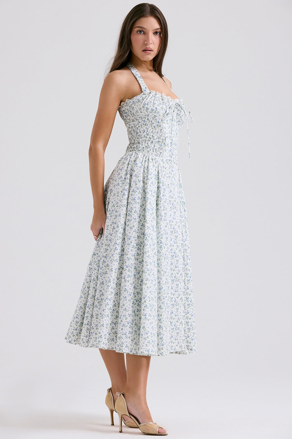 white bluebell print cotton halter sundress