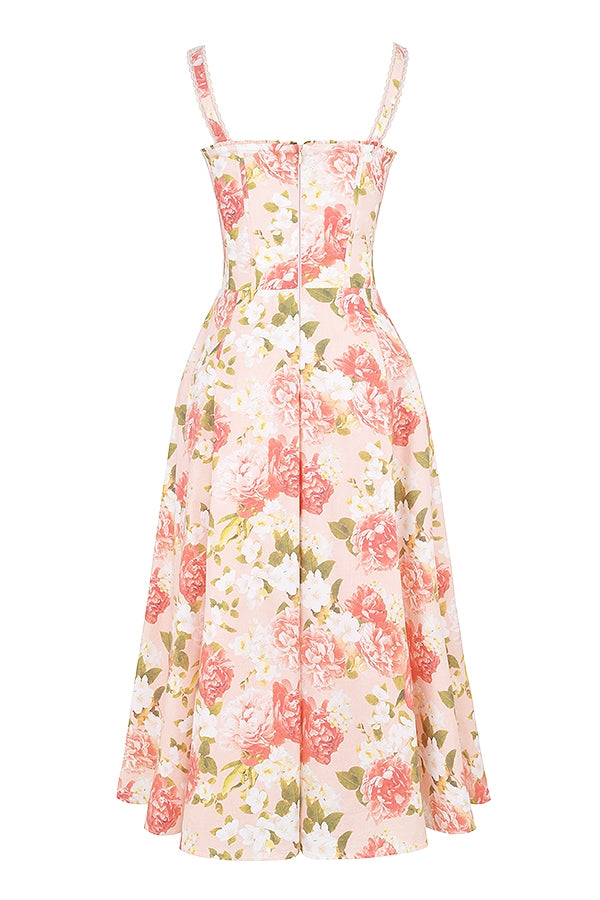 pink peony print cotton bustier sundress