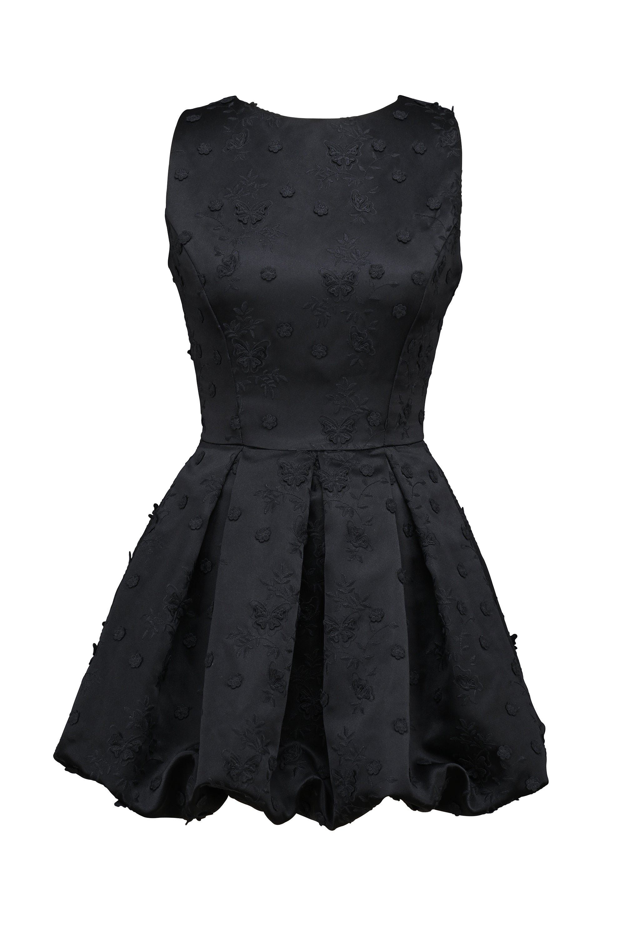 black backless embroidered mini puffball dress
