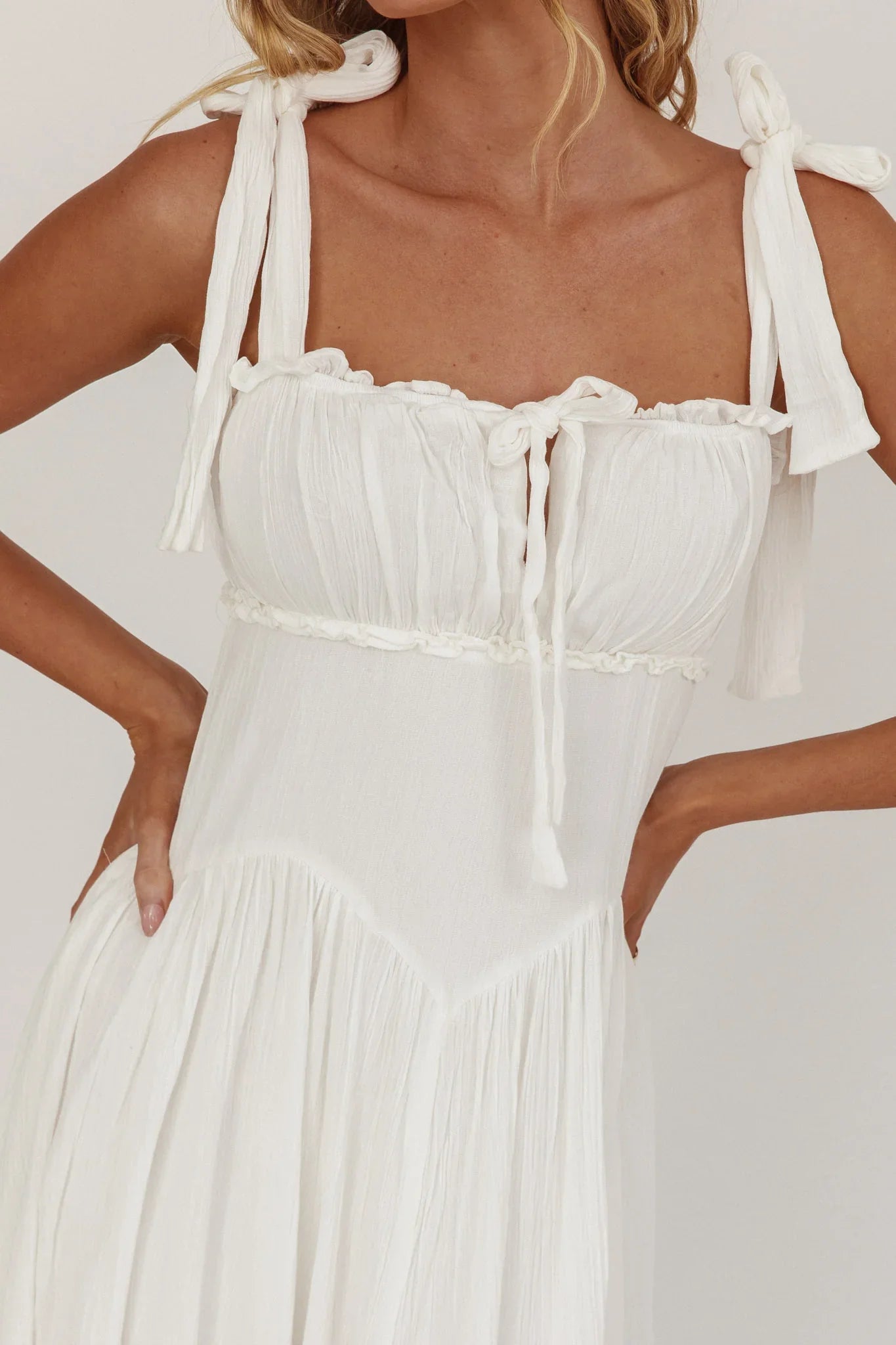 Albury Tied Shoulder Basque Waist Midi Dress White