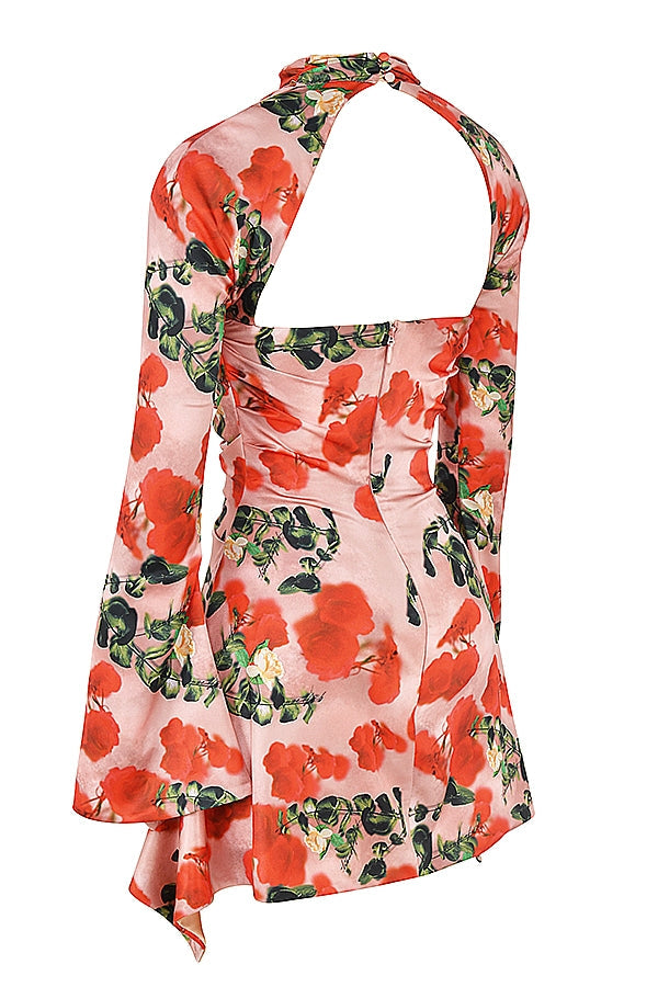 rose print draped corset dress