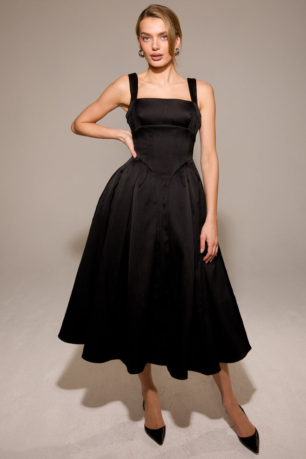 black textured satin corset midi dress