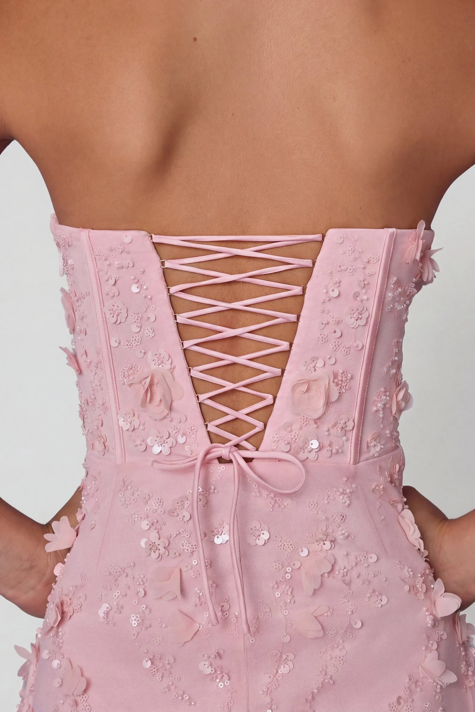 Lace-Up Corset Midaxi Dress with Split in Soft Pink