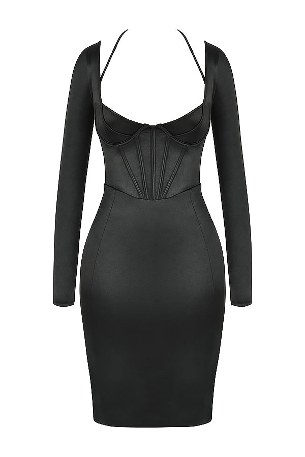 black disco satin corset dress