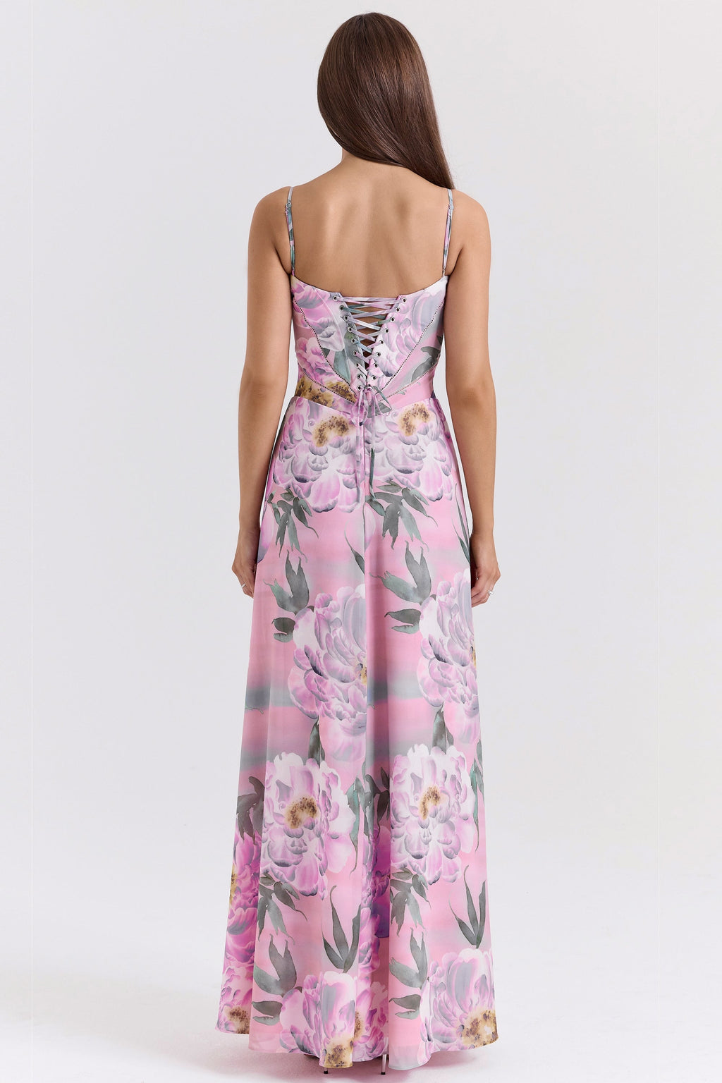 pink floral print lace back maxi dress