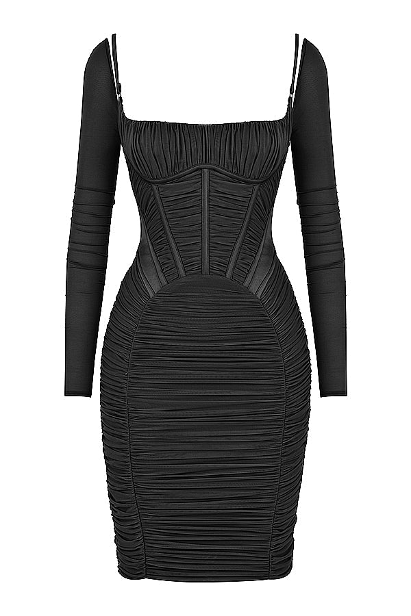 black gathered corset dress
