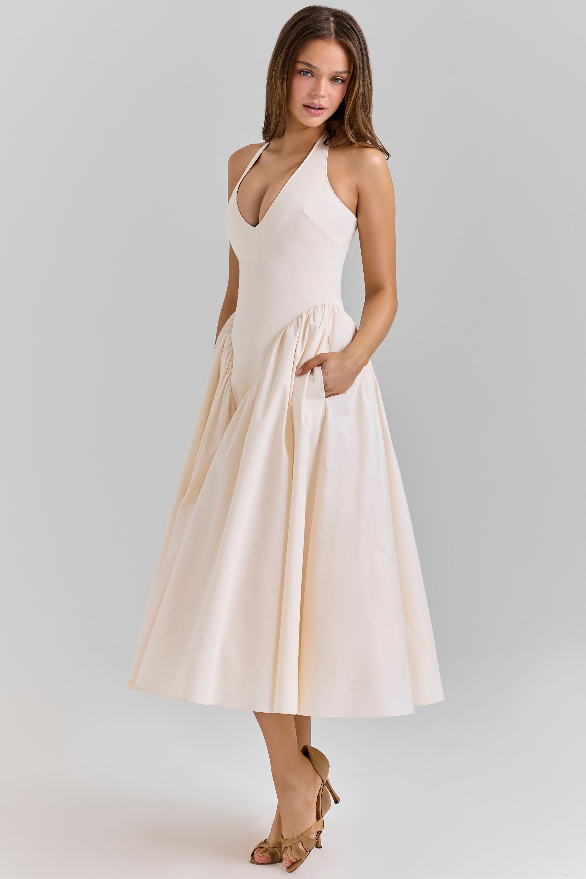 ecru stretch cotton midi sundress