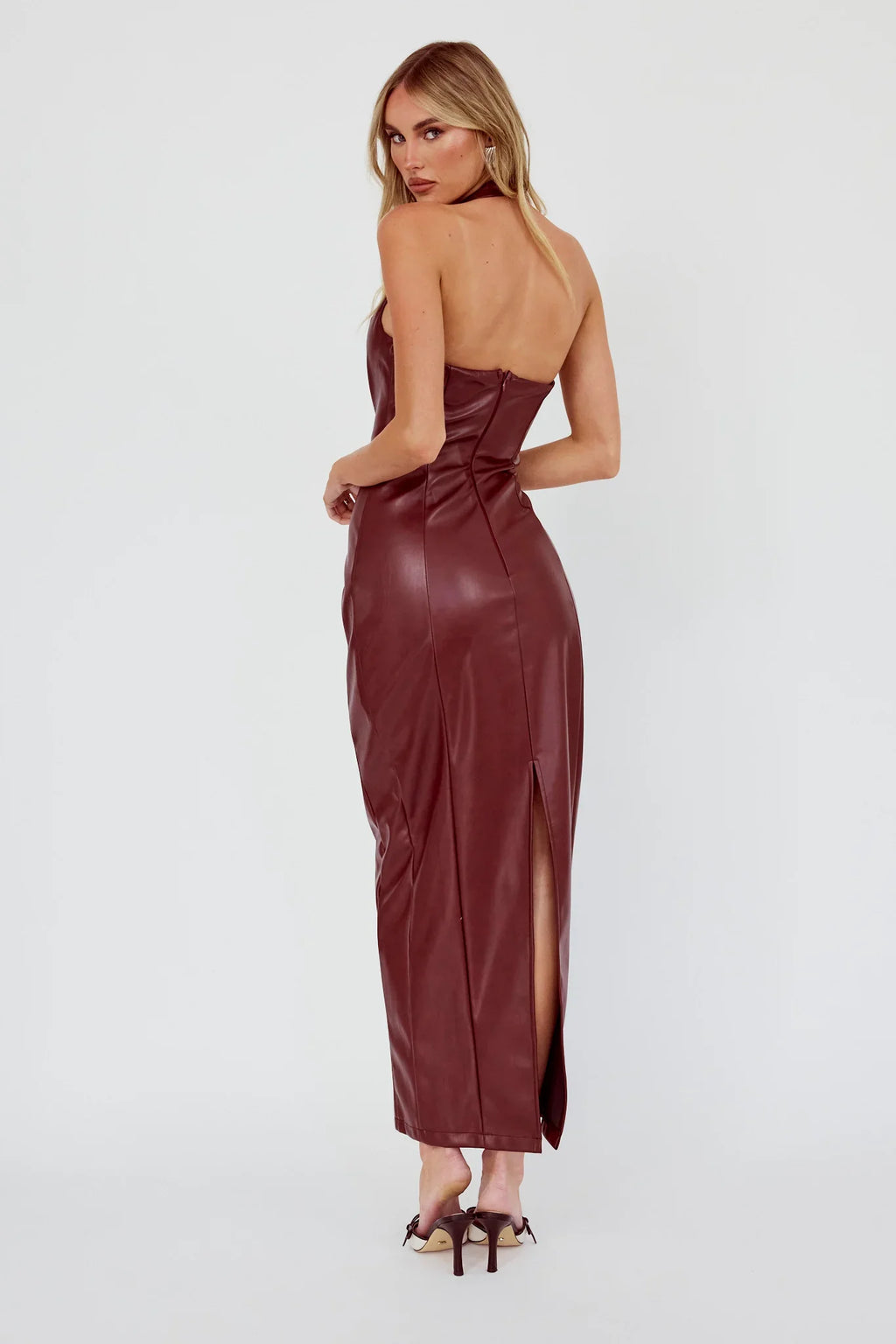 Marella Halterneck Faux Leather Maxi Dress Wine