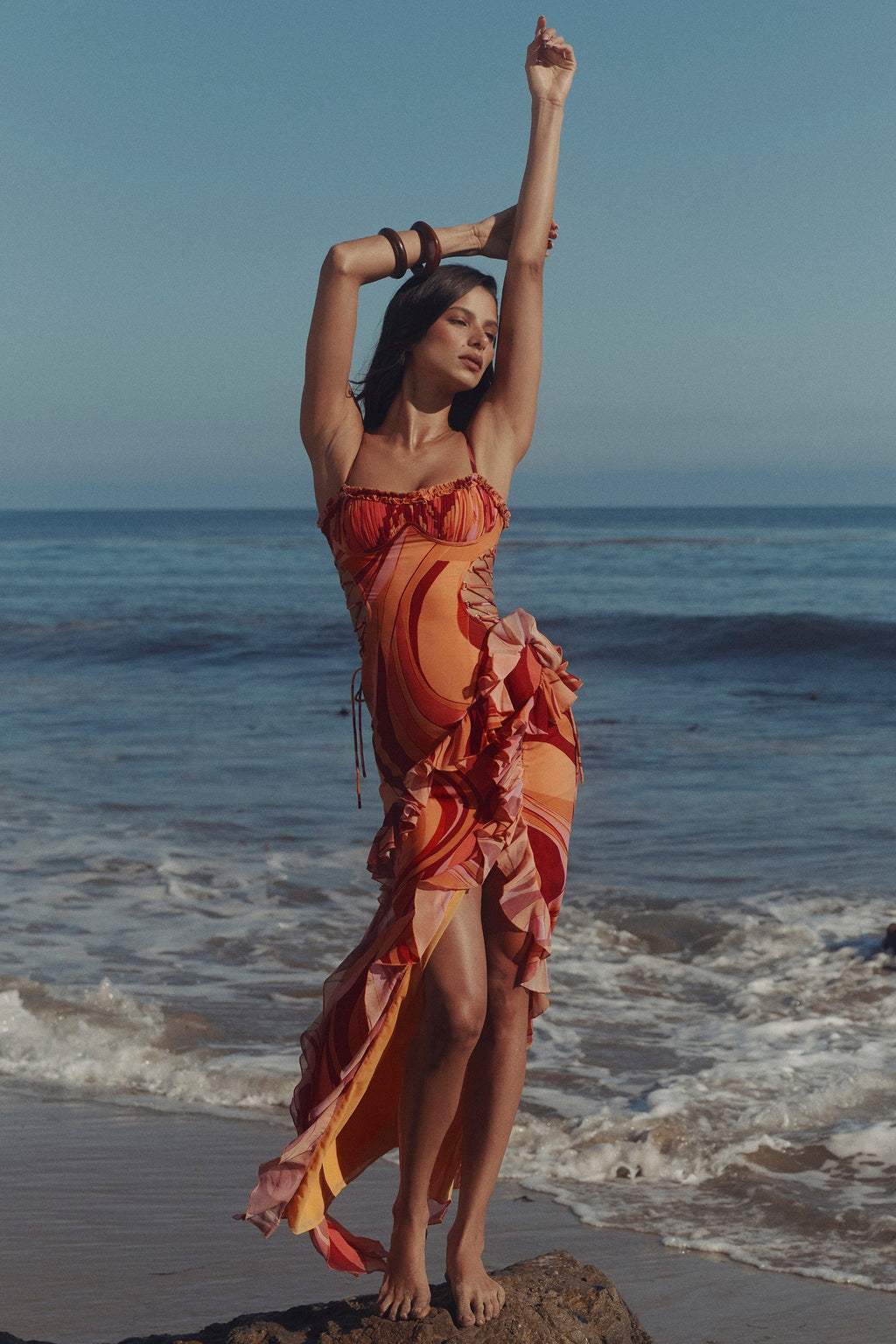 sunset swirl print ruffle cut out maxi dress
