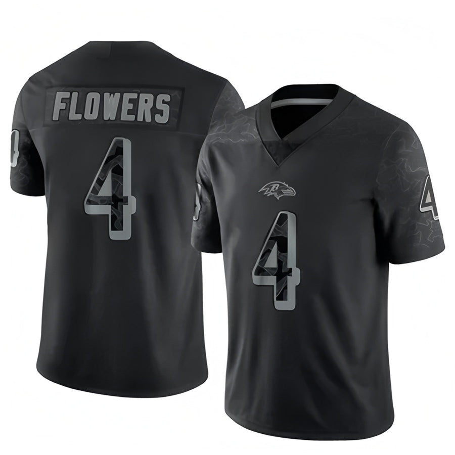 B.Ravens #4 Zay Flowers Player Black REFLECTIVE Limited Football Jerseys
