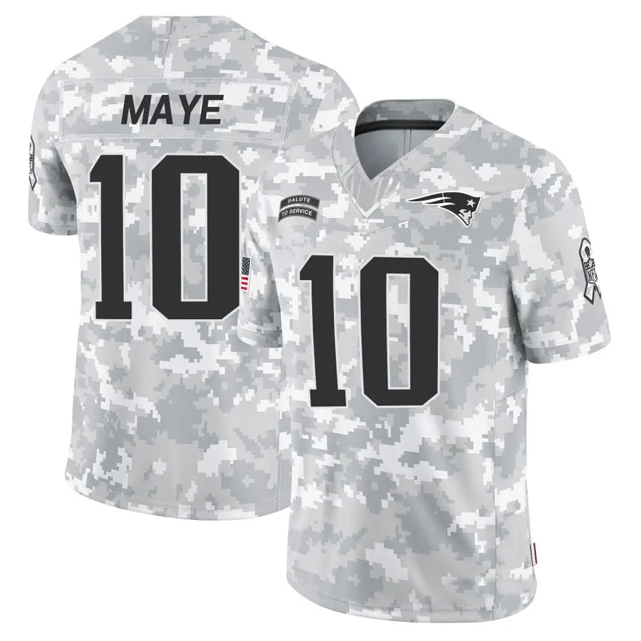 NE.Patriots #10 Drake Maye Player Arctic Camo Salute to Service Limited Foothball Jerseys