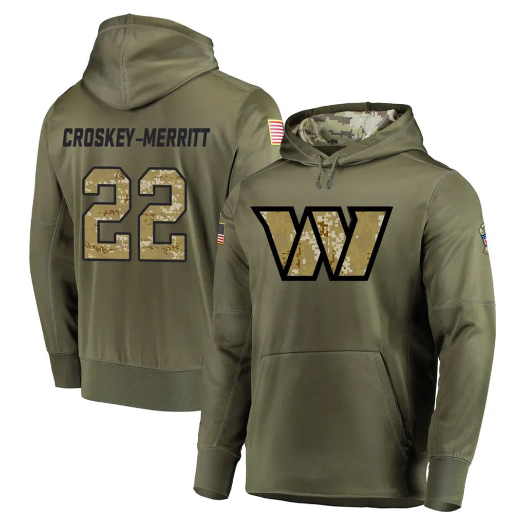 W.Commanders #22 Jacory Croskey-Merritt Player Olive Salute to Service Limited Hoodies Football Jerseys