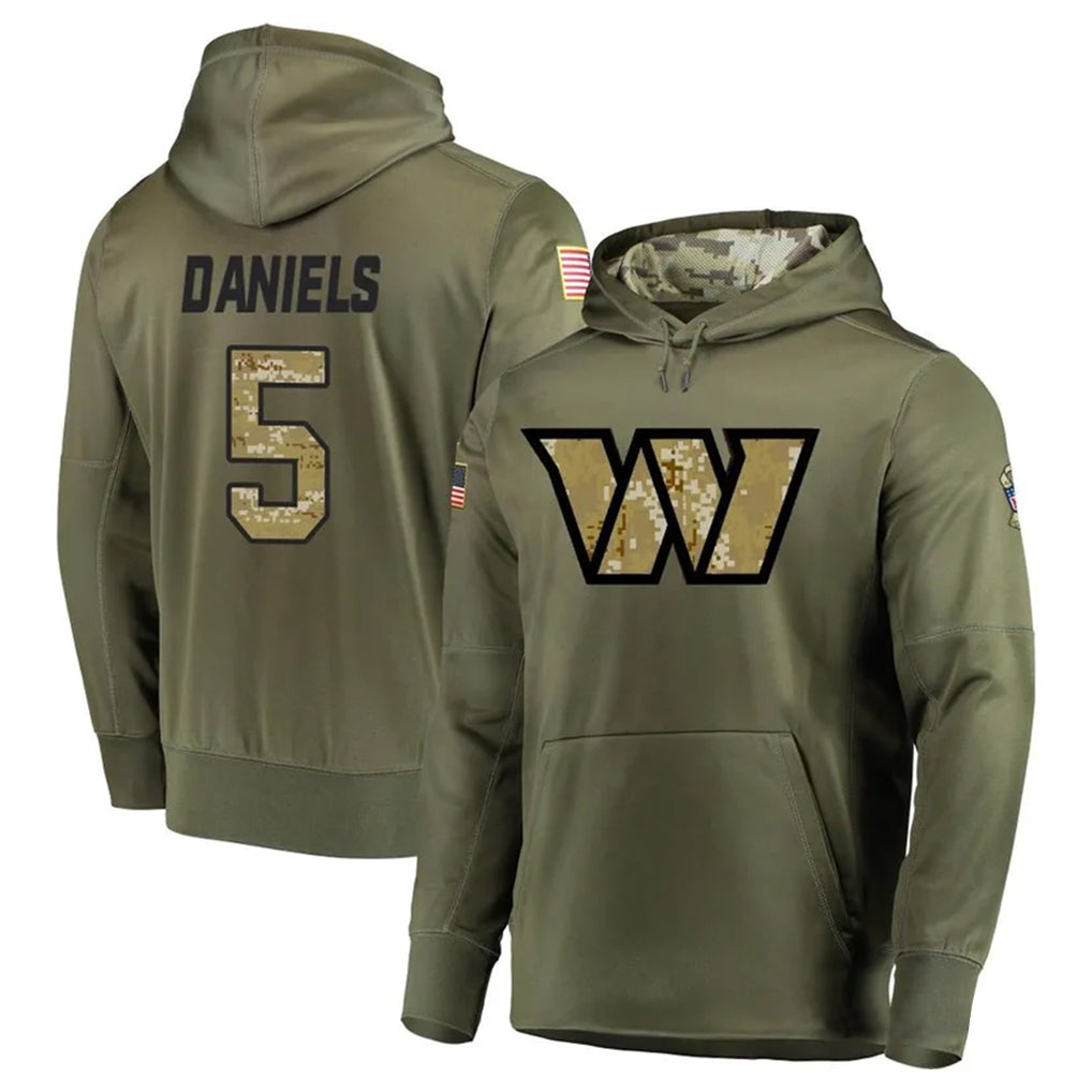 W.Commanders #5 Jayden Daniels Player Olive Salute to Service Hoodies Football Jerseys