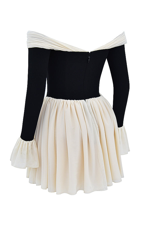 black & cream off shoulder dress