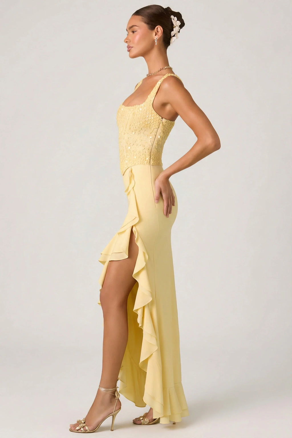 Embellished Ruffle-Trim Corset Gown in Yellow