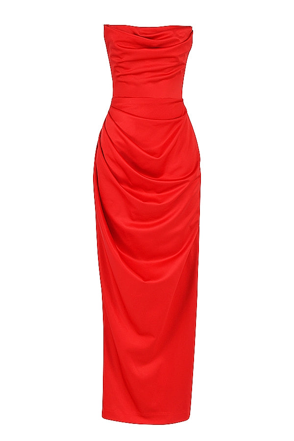 scarlet satin strapless gown