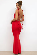 Slinky Jersey Rose Detail Evening Gown in Scarlet Red