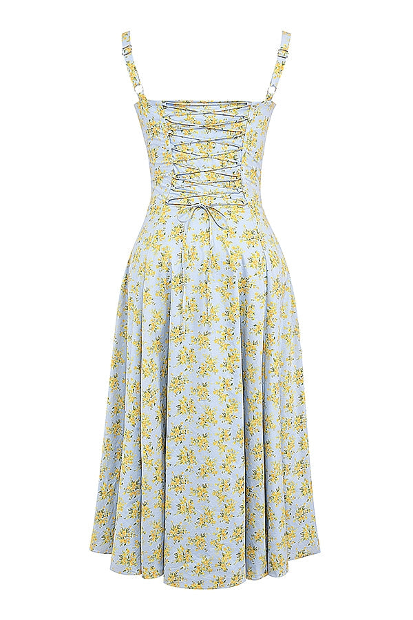 soft blue vintage floral print cotton bustier sundress