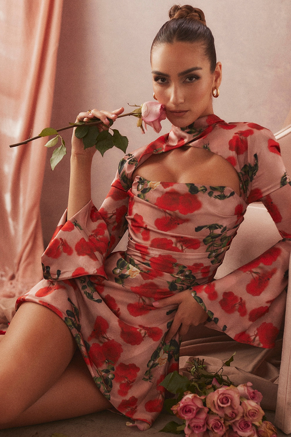rose print draped corset dress