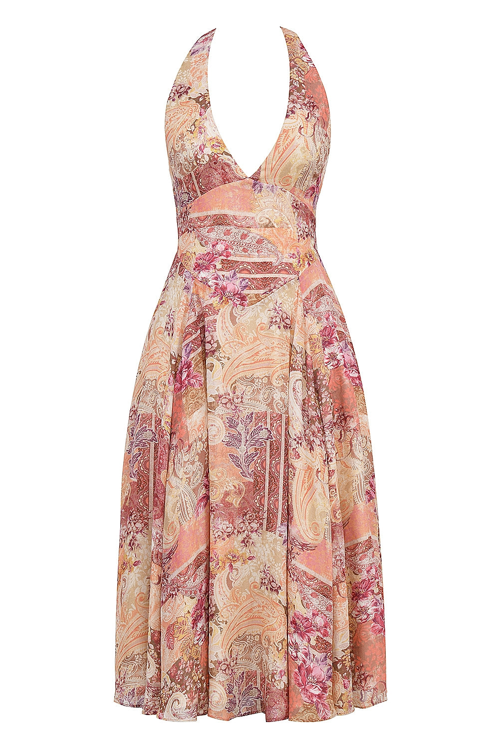 paisley patchwork print georgette halter sundress