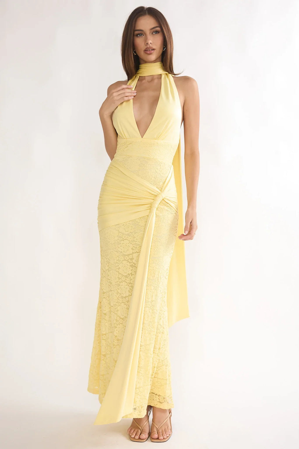 Adair Halterneck Waist Sash Maxi Dress Lace Butter
