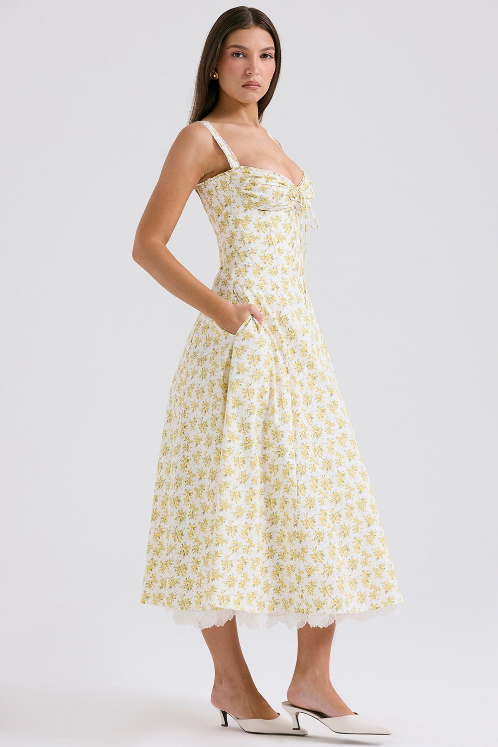 white vintage floral print cotton bustier sundress