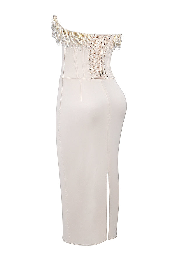 vintage cream embellished strapless dress