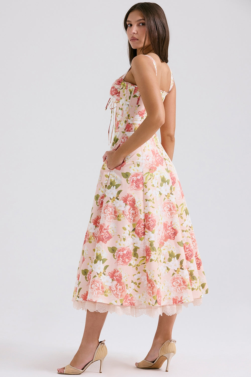 pink peony print cotton bustier sundress