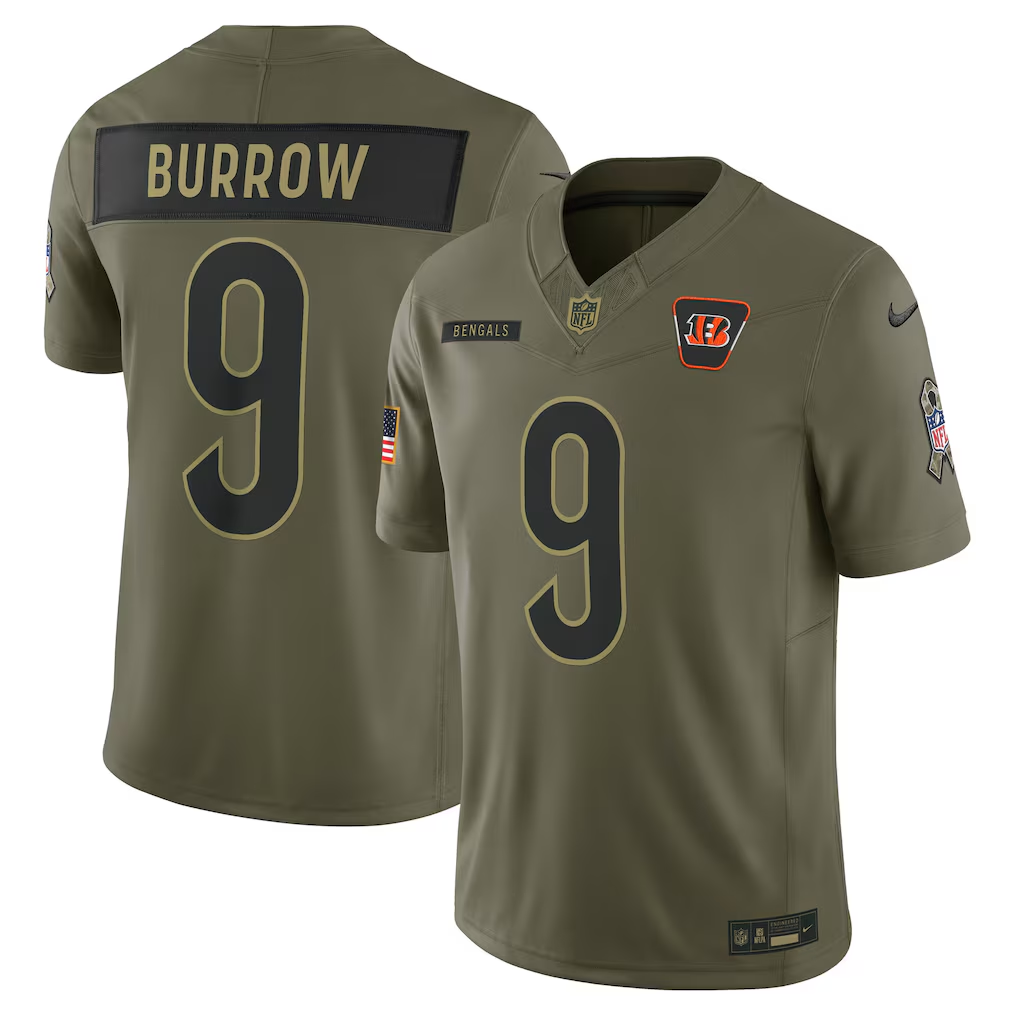 Men's Cincinnati Bengals Joe Burrow Nike Olive 2025 Salute to Service Limited Jersey