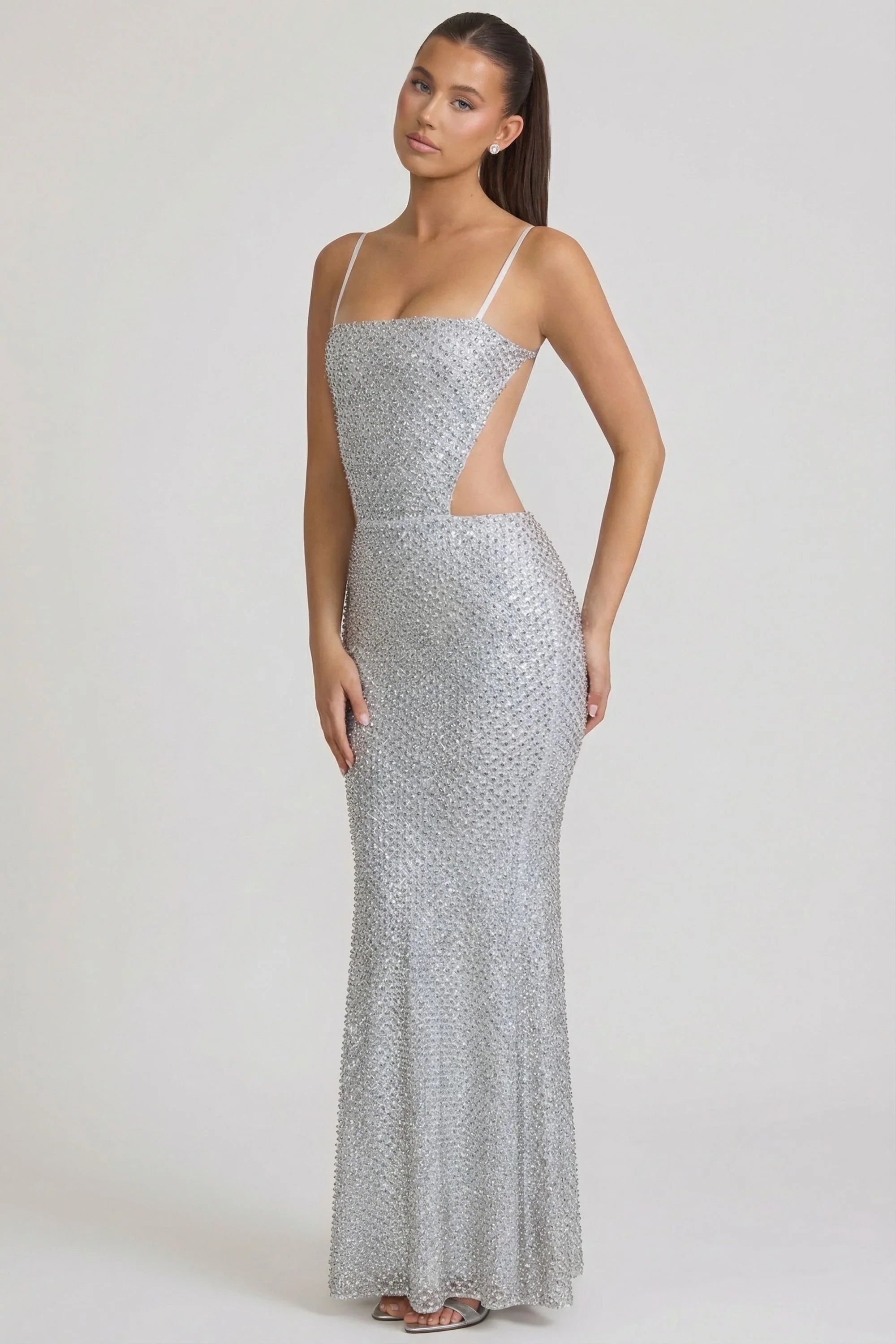 Embellished Cut-Out Gown in Silver
