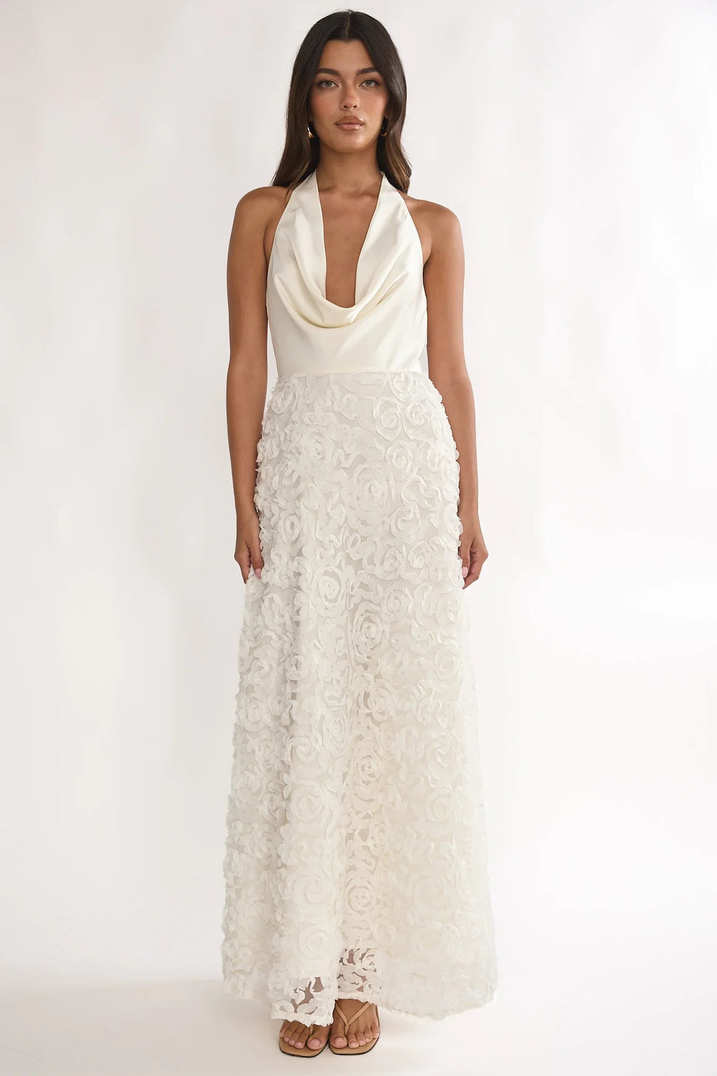 Lucerne Cowl Halter Maxi Dress Embellished Ivory
