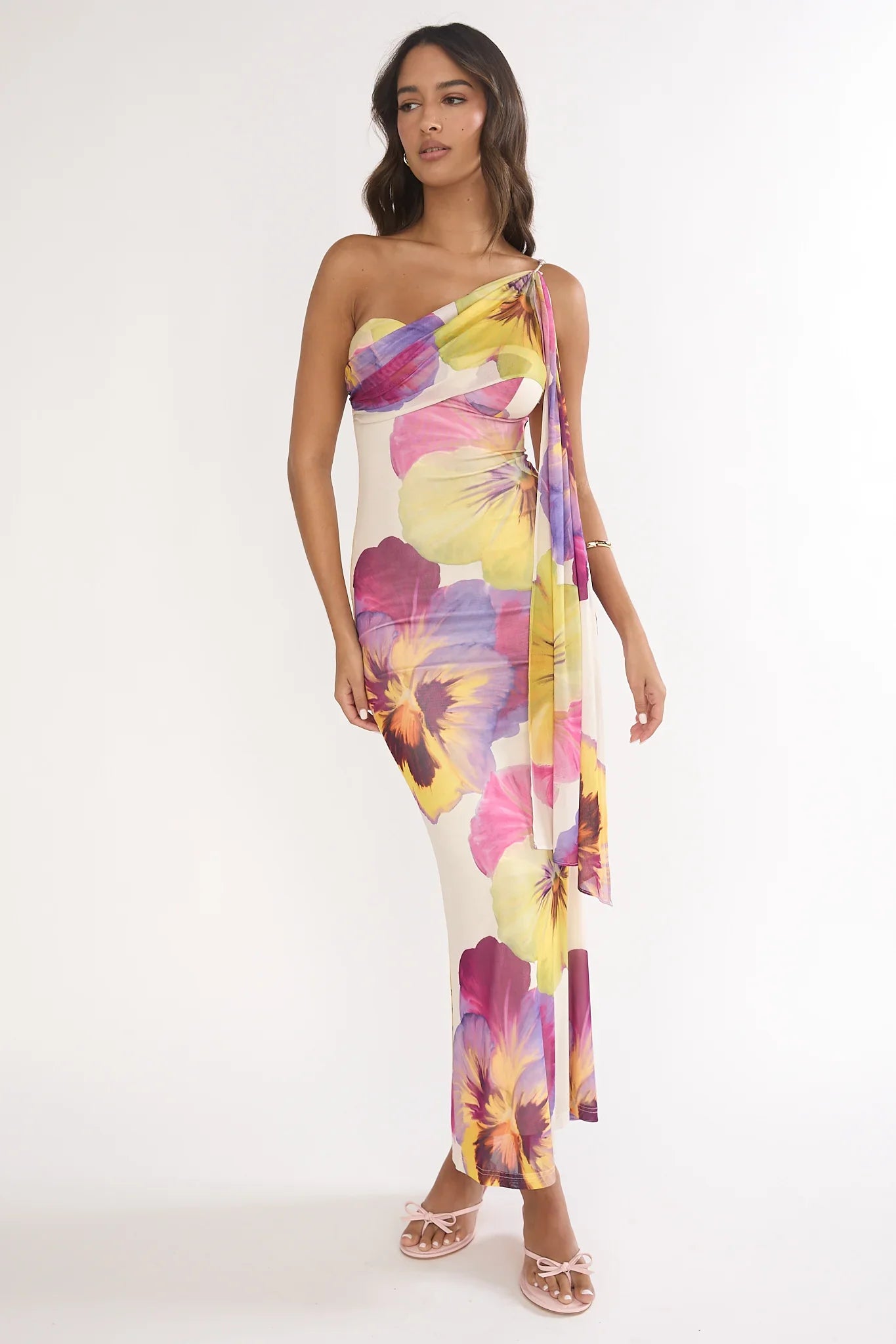 Tallis One-Shoulder Asymmetric Neckline Dress Beige
