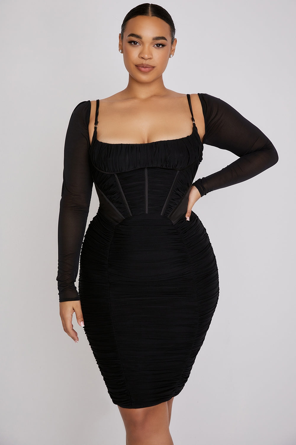 black gathered corset dress
